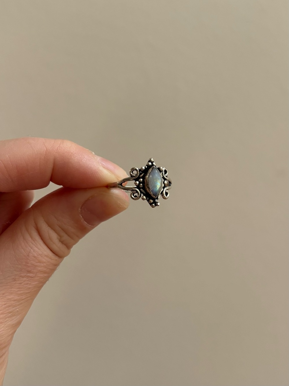 Silver Tone Ornate Marquise Inspired Ring with Smokey Grey Stone